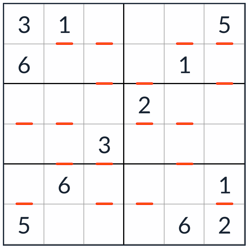 антикинг-последовательная головоломка Sudoku 6x6