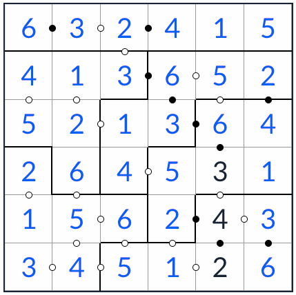 нерегулярное Kropki Sudoku 6x6 Solution