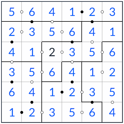против нерегулярного Kropki Sudoku 6x6 Решение