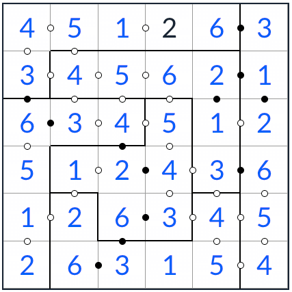 противозаправленное нерегулярное kropki sudoku 6x6 Решение