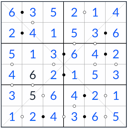 Diagonal Kropki Sudoku 6x6 Решение