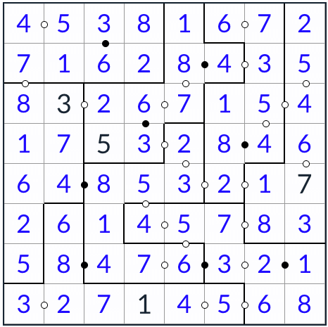 нерегулярное Kropki Sudoku 8x8 Решение