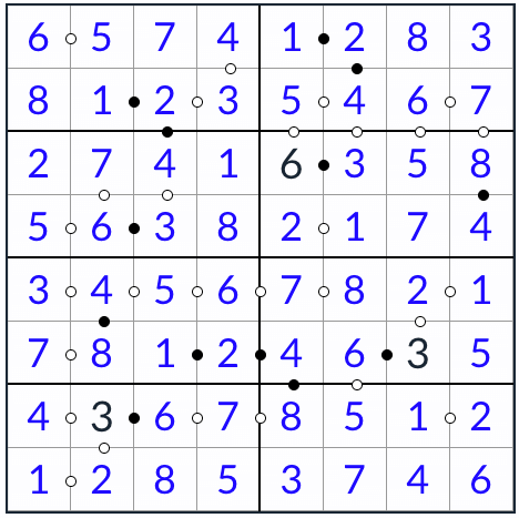 Anti-King Kropki Sudoku 8x8 Решение