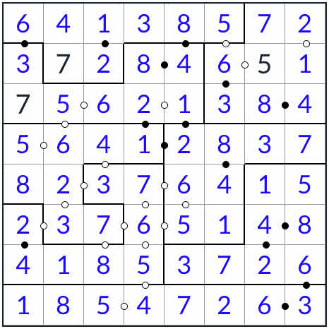 против нерегулярного Kropki Sudoku 8x8 Решение