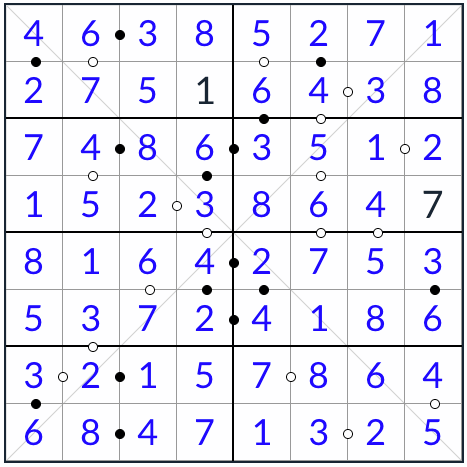 Diagonal Kropki Sudoku 8x8 Решение