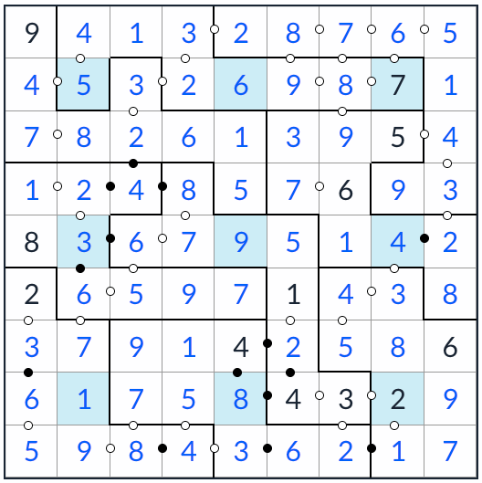 нерегулярная центральная точка Kropki Sudoku Solution