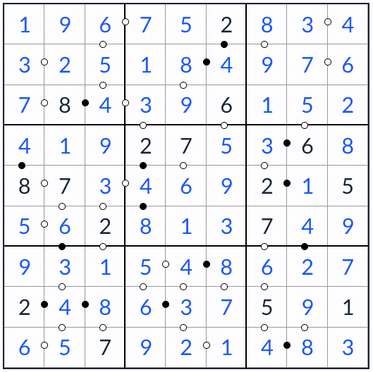 Anti-Kking Kropki Sudoku Solution